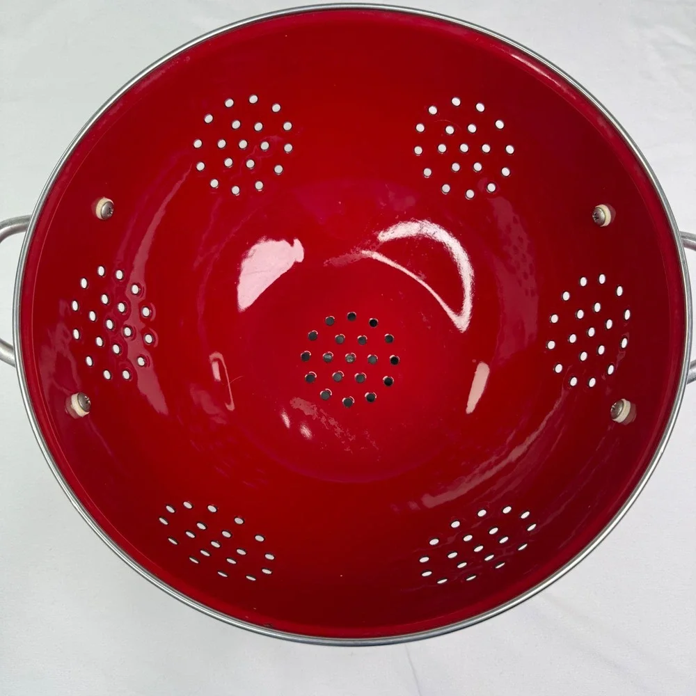 Red Enamel Colander Footed Strainer with Chrome Handles 9.5 Inch Kitchen Decor